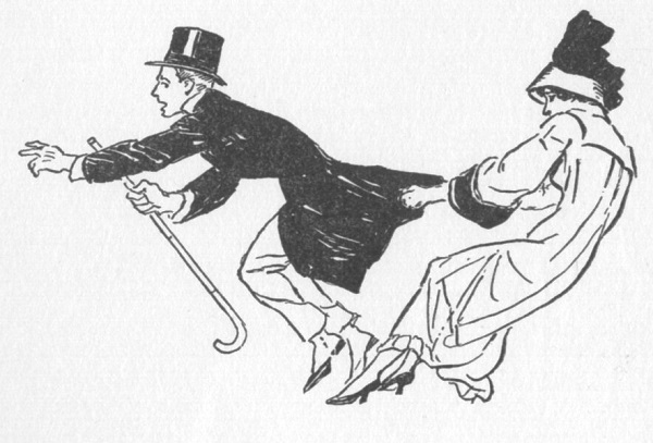 Close up drawing of a woman grabbing a man's coattails as he tries to get away.