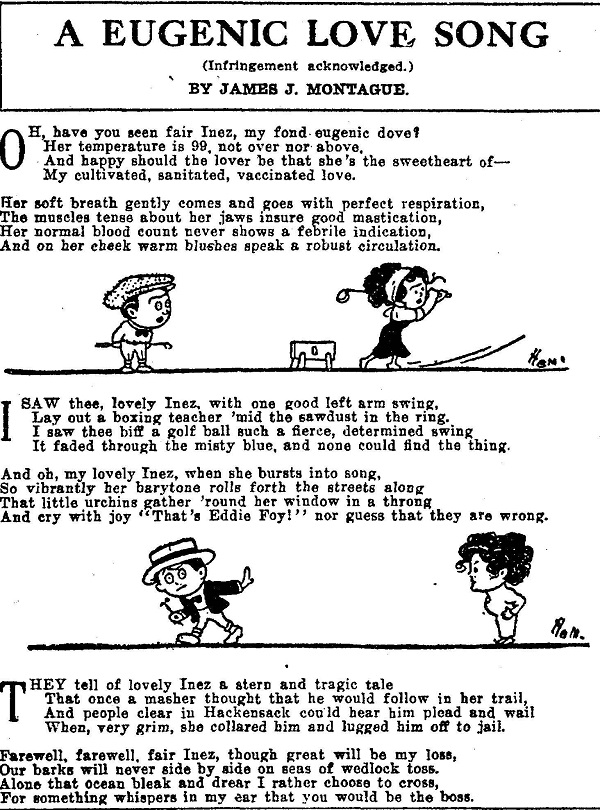 Lyrics to "A Eugenic Love Song" with cartoon images of a man and woman playing golf and a man walking away from the woman interspersed with the text.