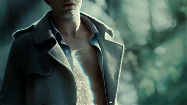 A close-up shot showing Edward's torso from above the waist to just above his mouth. His shirt and jacket are open and the light is reflecting off of his skin.