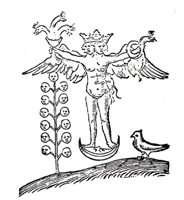 A black and white line drawing of a naked winged hermaphroditic figure standing on the moon, holding a serpent in one hand and a cup containing a dragon in the other.