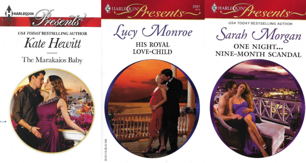 Three Harlequin Presents covers, each featuring a visibly pregnant woman in an evening gown being embraced by a man.