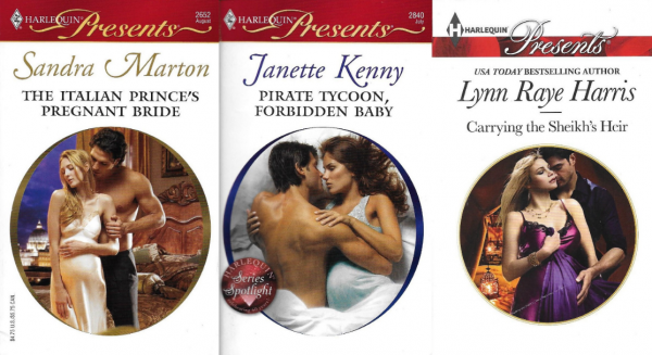 Harlequin novel covers with circular images showing close-up views of men holding visibly pregnant women wearing elegant nightgowns.